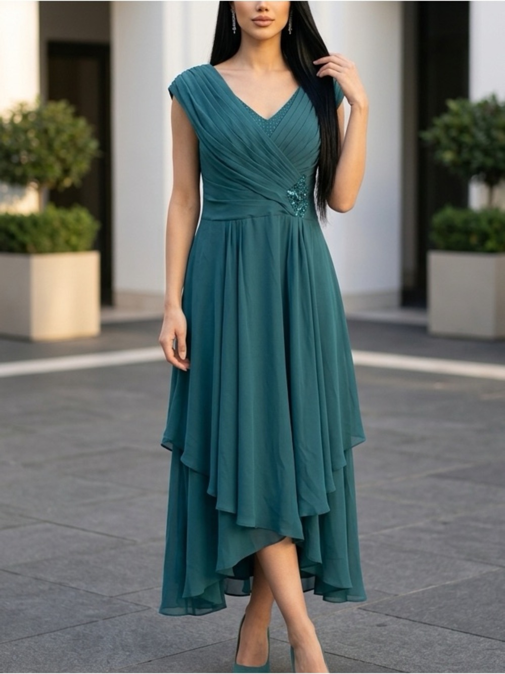 Elegant Teal Chiffon V-Neck Evening Dress